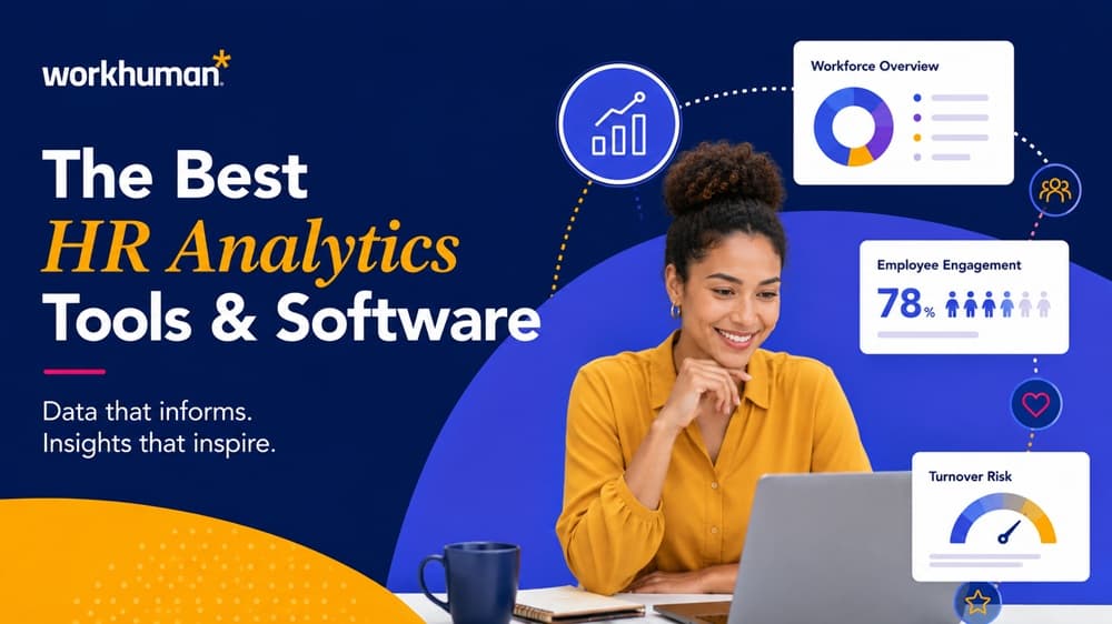A woman with curly hair sits at a desk, smiling while looking at a laptop. On the screen, various analytics are displayed, including a chart, the phrases "Workforce Overview," "Employee Engagement 78%," and "Turnover Risk." The background is a gradient of blue, and a coffee cup is visible on the desk.
