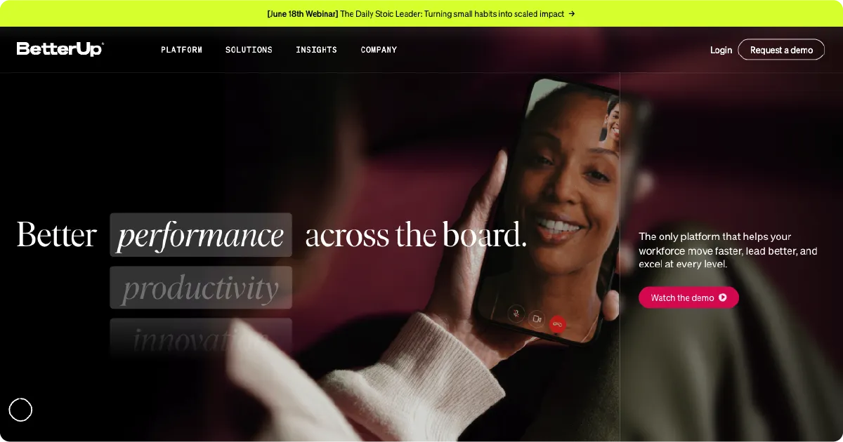 BetterUp platform homepage displaying virtual coaching for workforce performance, productivity, and growth