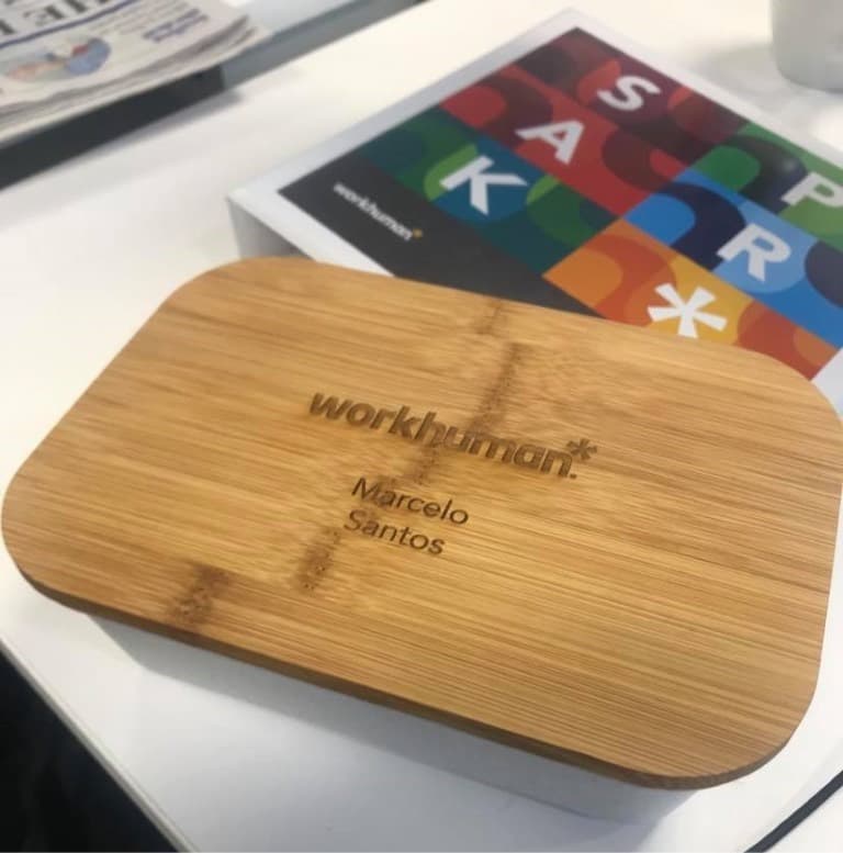 wood lid engraved with workhuman and Marcelo Santos