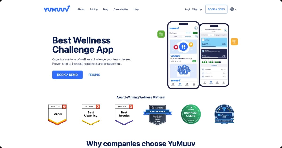 Snapshot of YuMuuv's homepage hero section for its employee wellness challenge platform