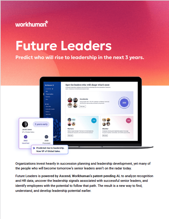 A laptop displays a dashboard titled "Future Leaders" with sections for various individuals labeled "Accelerate," "Nurture," and "Monitor." The highlighted profile shows Jacob Jones, identified as "3 years early" and "VP of Global Sales," along with text indicating his promotion and predicted rise to leadership. Below, a paragraph describes the importance of succession planning and how the platform utilizes AI to identify leadership potential. The background features a gradient from orange to pink.