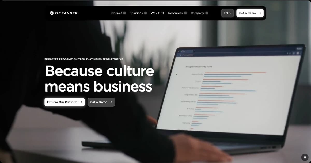 O.C. Tanner homepage featuring employee recognition technology and a workplace culture analytics dashboard.