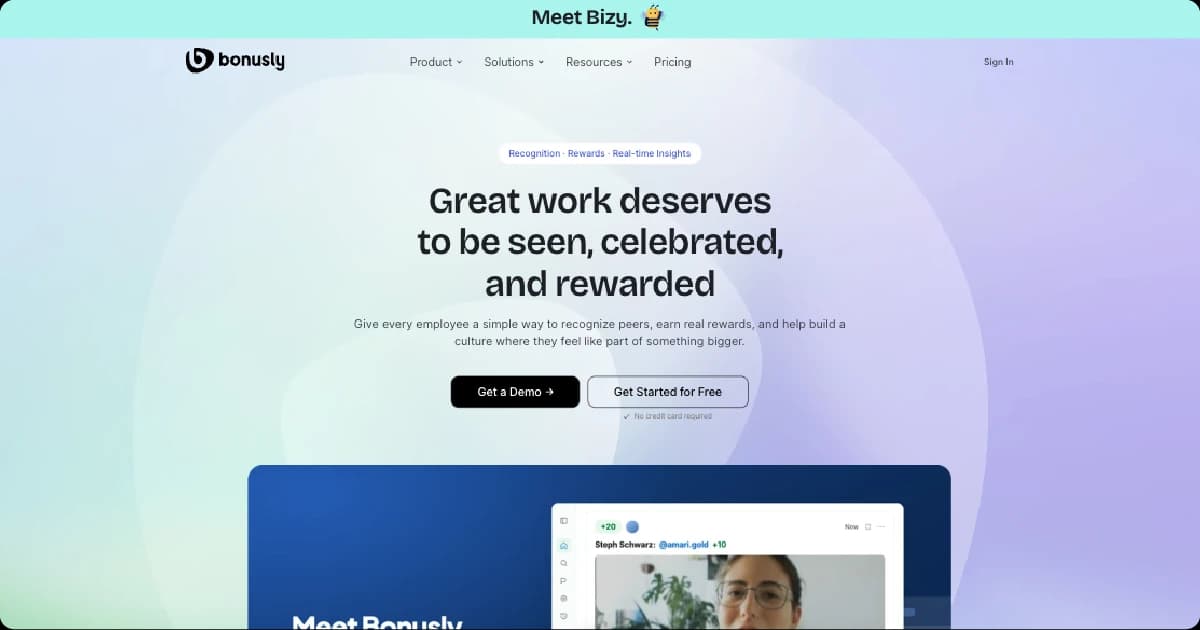 Bonusly homepage promoting peer recognition, employee rewards, and real-time insights for workplace culture.