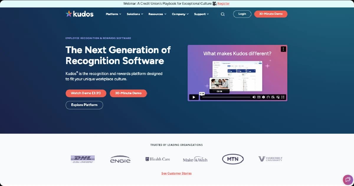 Kudos homepage presenting employee recognition software with a platform demonstration and customer logos.