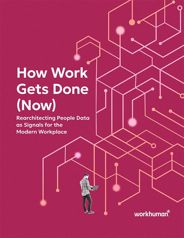 A pink poster titled "How Work Gets Done (Now)" featuring the subtitle "Rearchitecting People Data as Signals for the Modern Workplace." At the bottom, the Workhuman logo is visible. A person in a checkered shirt is shown holding a device and standing in front of a network-like design depicted across the poster.