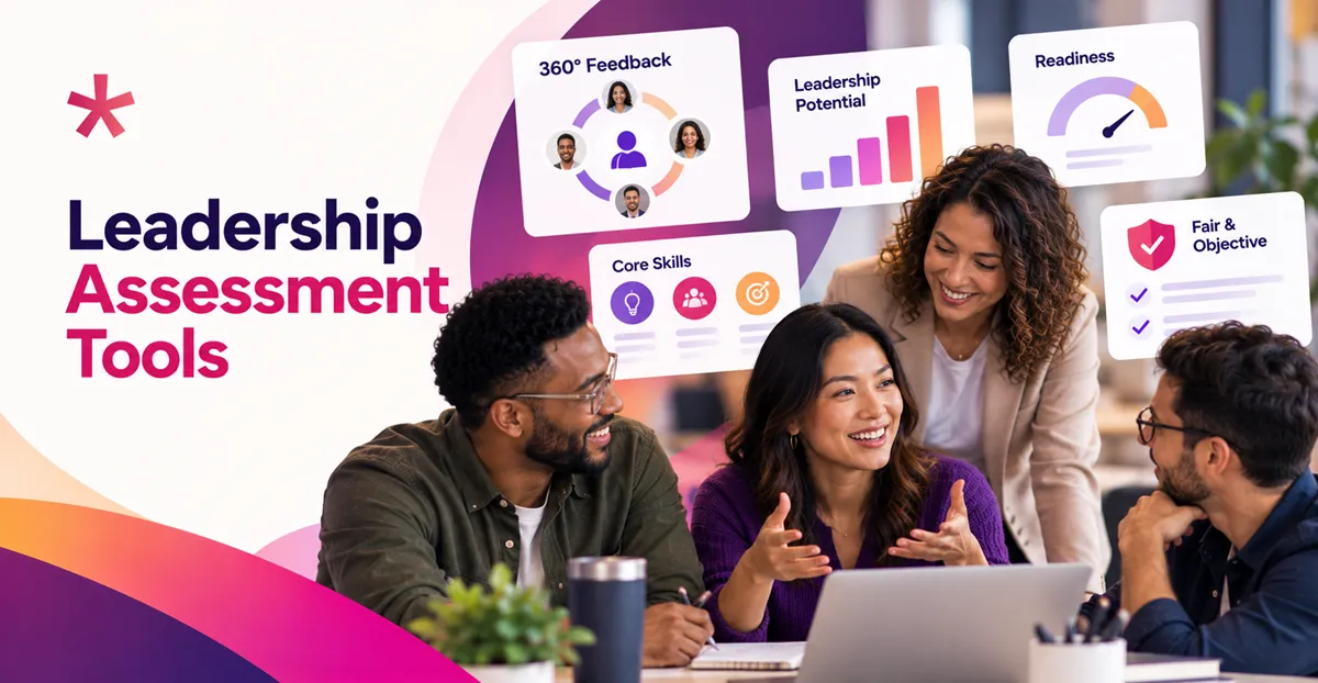A group of four people sit around a table engaged in discussion, with a laptop open in front of them. Surrounding the group are graphical elements that include icons and text highlighting various leadership assessment tools, such as "360° Feedback," "Leadership Potential," "Core Skills," "Readiness," and "Fair & Objective." The background features a gradient design in purple and orange.