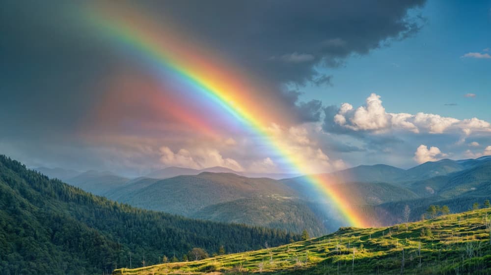 A rainbow over a hilly landscape