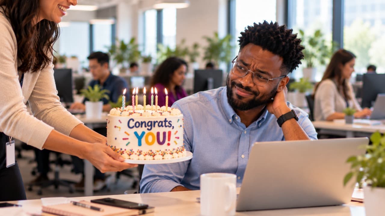 A employee is underwhelmed by a generic congratulations cake.
