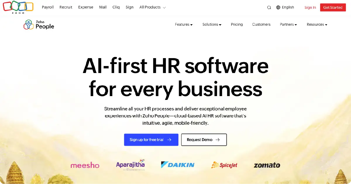 Zoho People homepage banner showing AI-first HR software for businesses with tools for payroll, recruitment, and employee management, along with sign-up and demo CTAs.