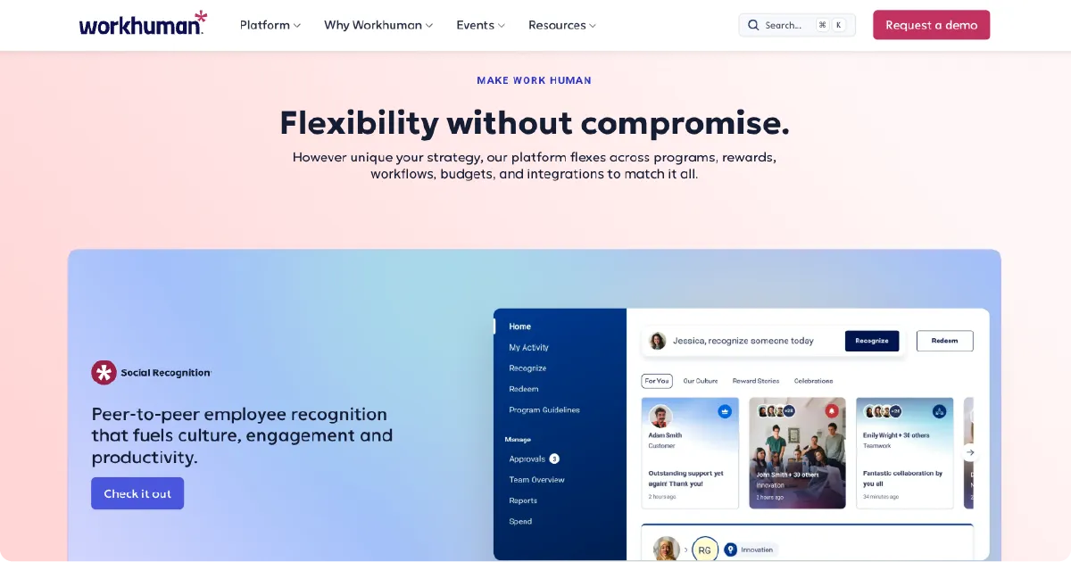 Workhuman platform highlighting peer-to-peer employee recognition to boost engagement and productivity