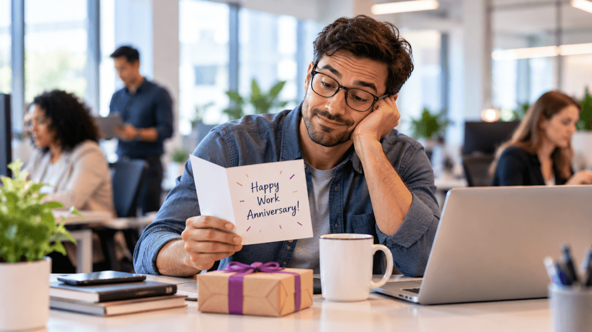 A man wearing glasses sits at a desk with a laptop, holding a card that reads "Happy Work Anniversary!" He has a thoughtful expression and a mug beside him, along with a wrapped gift on the table. In the background, other colleagues are engaged in work activities.