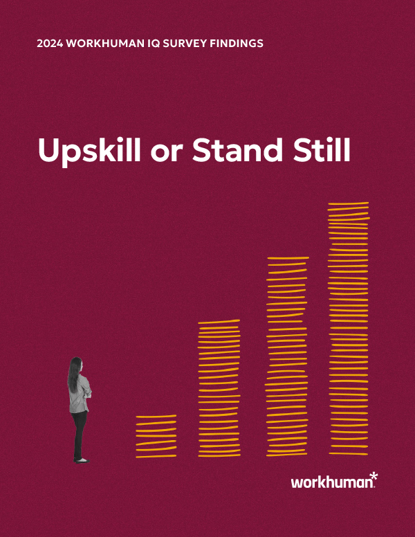 A person standing and looking at a graphical representation of data on a maroon background. The graphic features multiple vertical bars made of orange lines, indicating growth or progress. The text "2024 WORKHUMAN IQ SURVEY FINDINGS" is displayed at the top, followed by "Upskill or Stand Still," and the Workhuman logo is positioned at the bottom right.