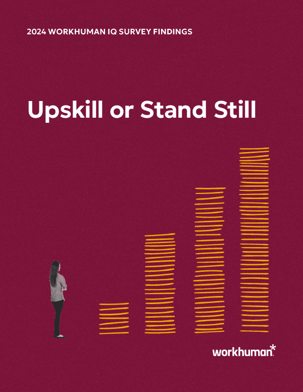A person standing and looking at a graphical representation of data on a maroon background. The graphic features multiple vertical bars made of orange lines, indicating growth or progress. The text "2024 WORKHUMAN IQ SURVEY FINDINGS" is displayed at the top, followed by "Upskill or Stand Still," and the Workhuman logo is positioned at the bottom right.