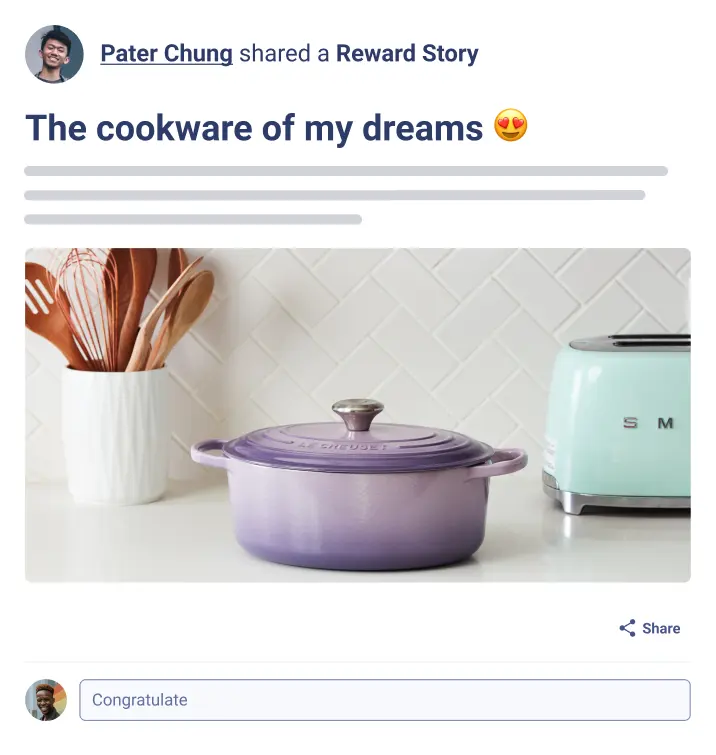 A user named Pater Chung shared a reward story about redeeming a Le Creuset pot he has been dreaming about. The post expresses gratitude for the recognition and support from colleagues. In the background, there is a visible kitchen setup featuring a lavender-colored Le Creuset pot, a white container with cooking utensils, and a mint green toaster. The interface includes options to like, share, or congratulate the user for their achievement.