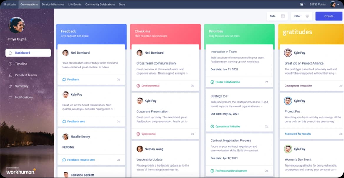 A digital interface is displayed, showcasing the Workhuman platform dashboard for a user named Sarah Trevino. The screen includes a sidebar with navigation options and sections for feedback, tasks, and priorities. Various notifications and updates are visible, including comments from colleagues and highlighted tasks in different color-coded sections, with a sidebar element labeled "spark" displaying additional messages and updates.