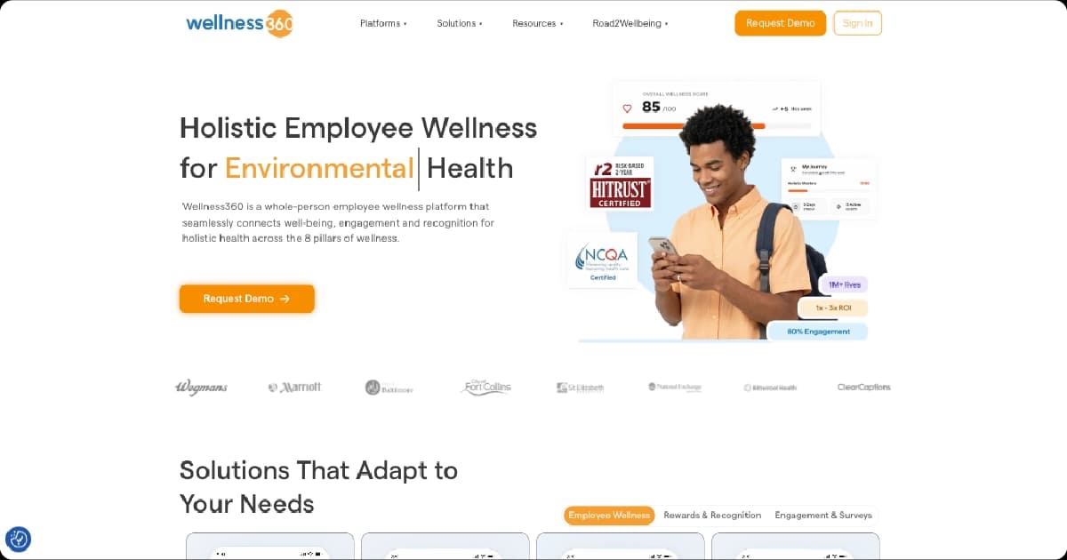 Snapshot of Wellness360's homepage hero section for its employee wellness platform