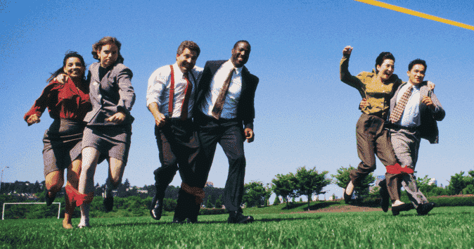 3 teams in three-legged race