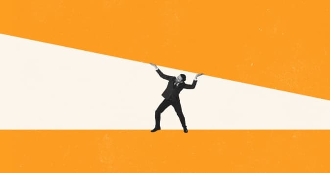 Illustration of a man in a suit lifting up a block of color.