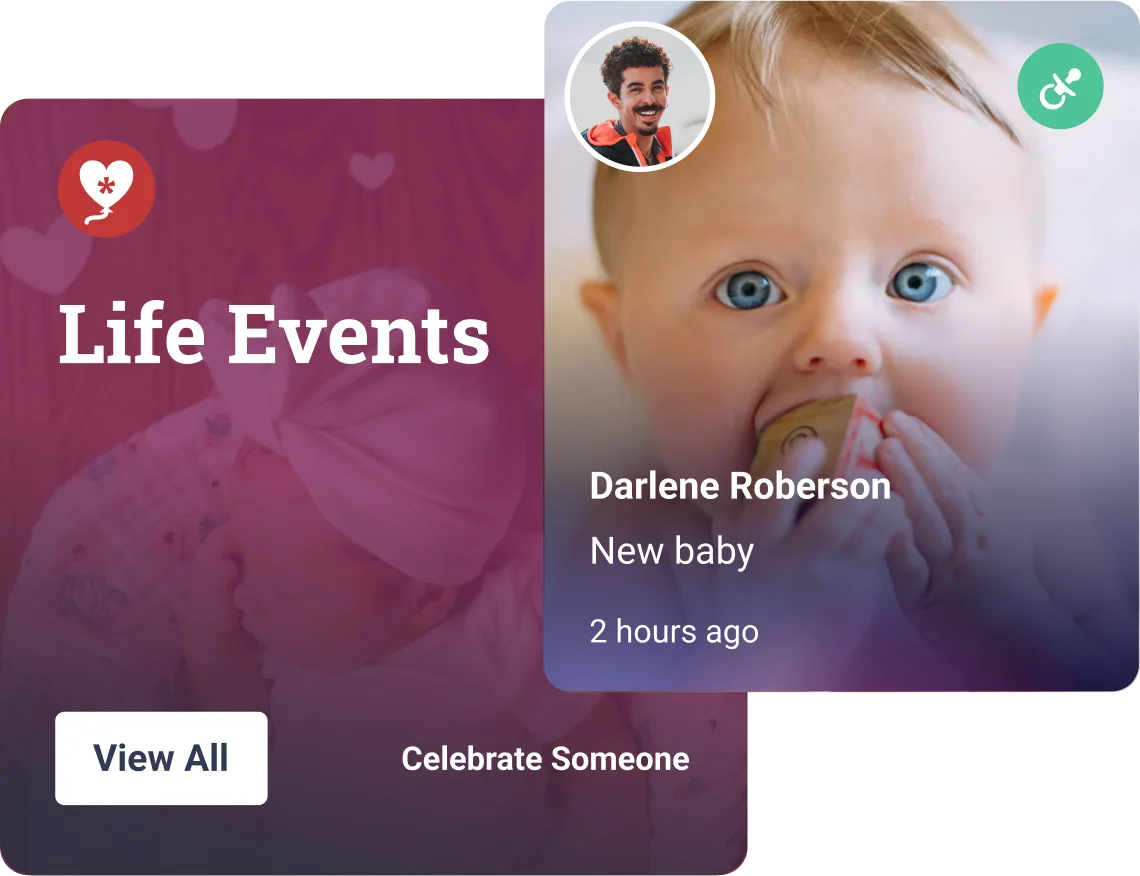 A couple lovingly gazes at each other while holding their newborn, surrounded by various smaller images of them with their baby. The background features playful emojis and recognition messages, including the name "Cody Fisher" prominently displayed.