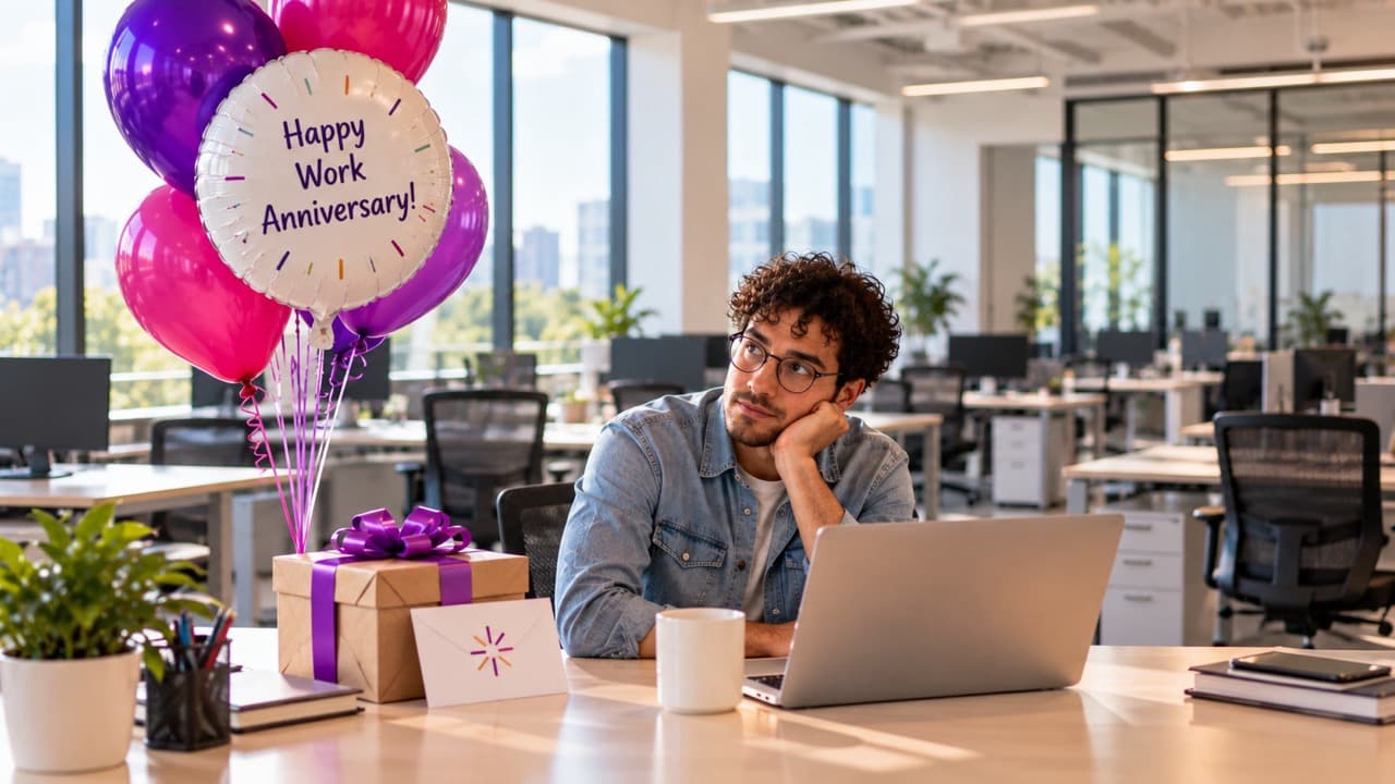 An employee receives a years of service recognition with no one around.