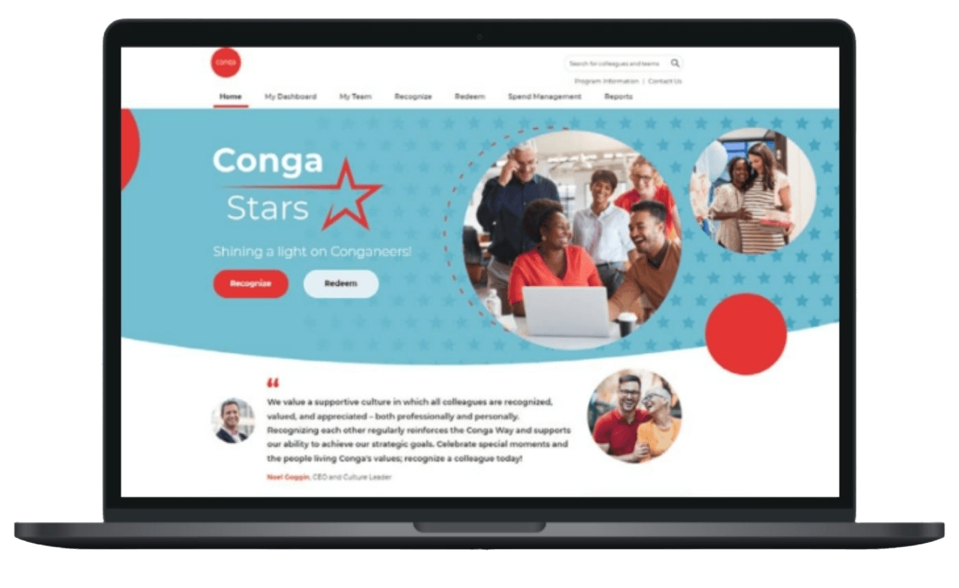 desktop view of employee recognition landing page for Conga Stars