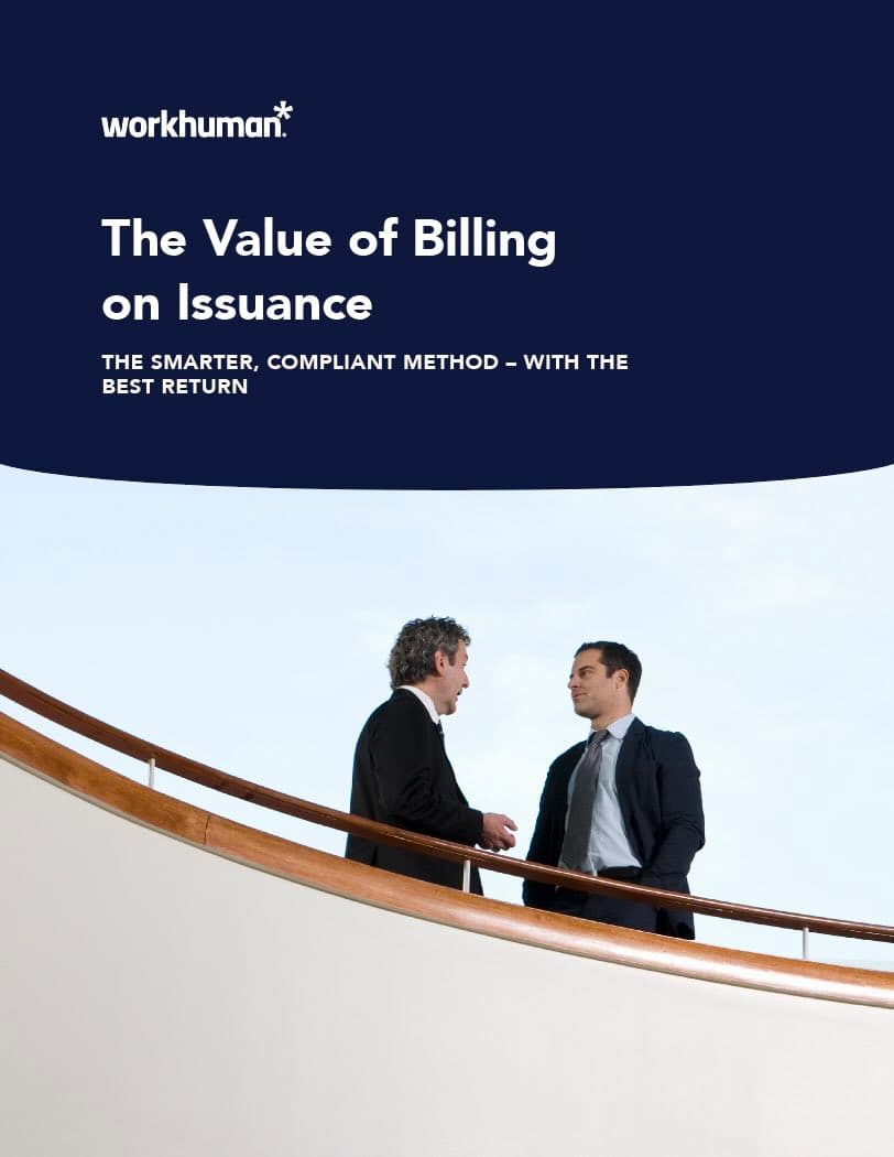 Two men are engaging in conversation while standing on a spiral staircase. One man, in a dark suit, is smiling and gesturing with his hands, while the other, dressed in a light-colored suit, is looking attentively. Above them, a header reads "workhuman" and below it is the title "The Value of Billing on Issuance" followed by the subtitle "THE SMARTER, COMPLIANT METHOD - WITH THE BEST RETURN." The background features a clear sky.