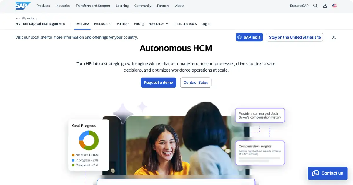 SAP Autonomous HCM landing page showcasing an AI-powered HR platform that automates workforce processes and provides insights with options to request a demo or contact sales.