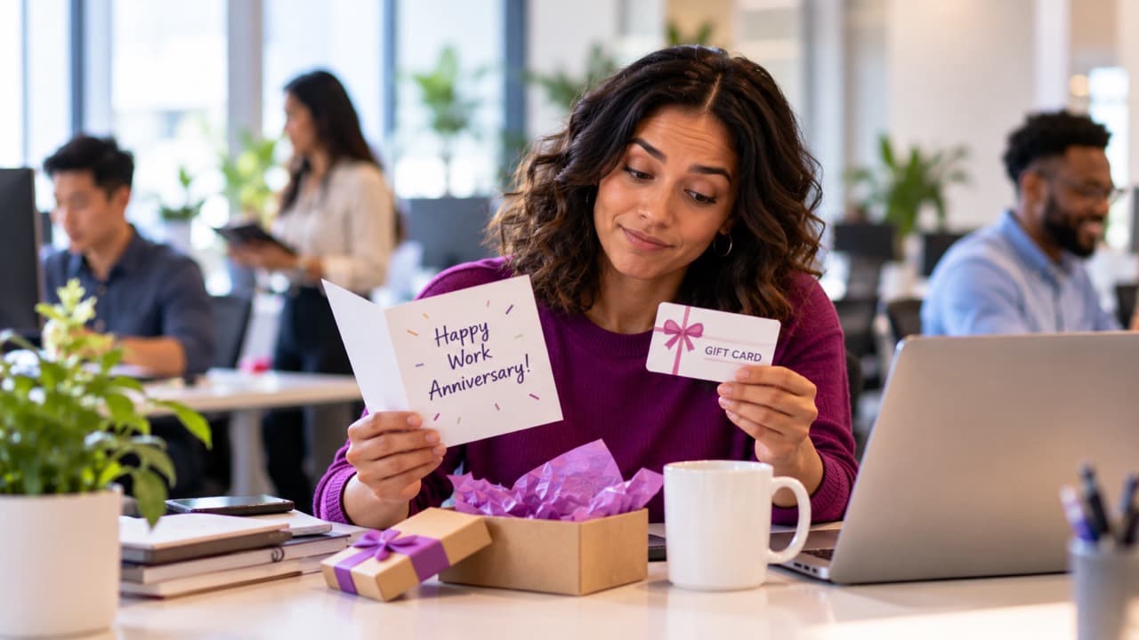 A worker is underwhelmed by a work anniversary gift that has little thought.