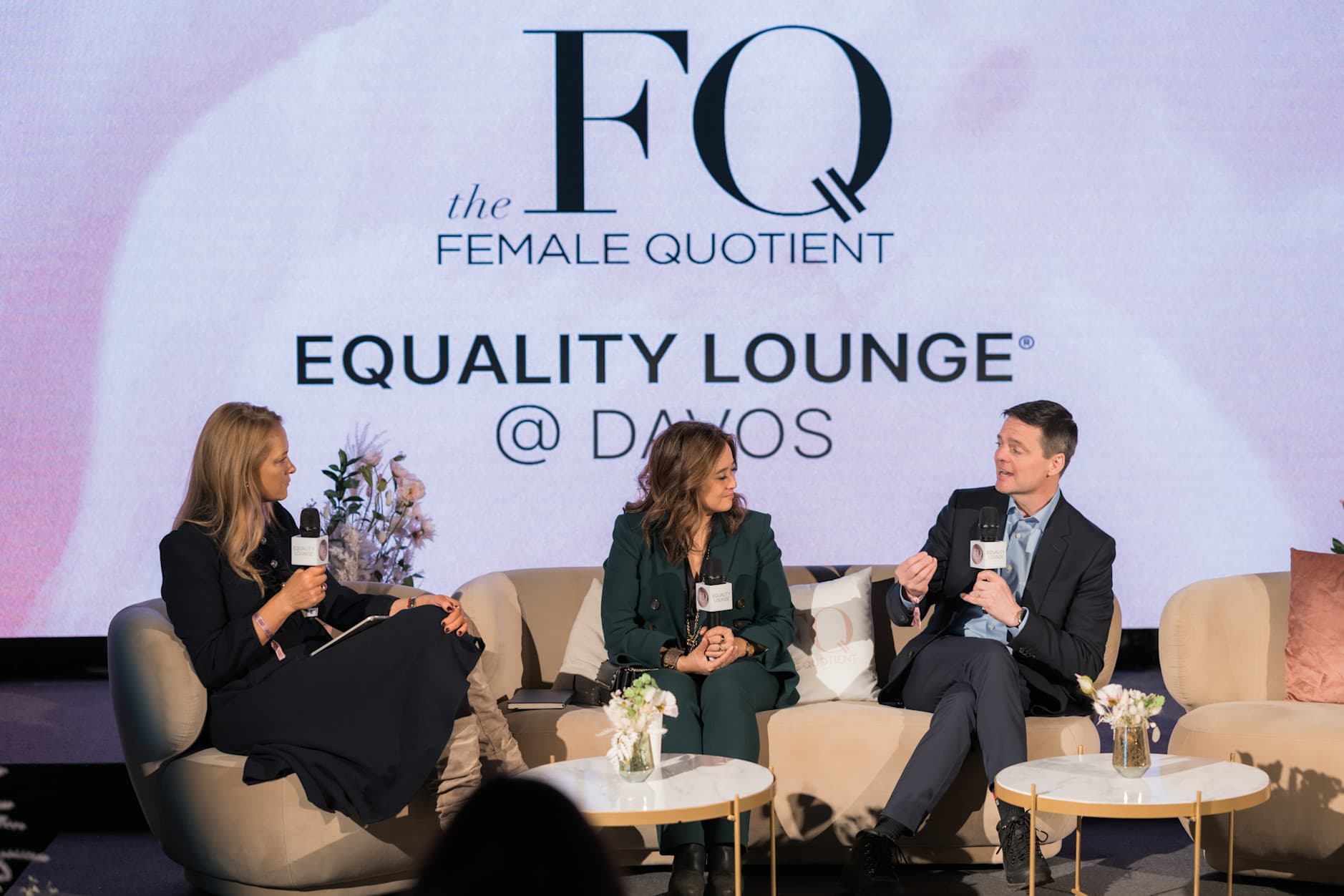 Eric Mosley sitting with Phillipa Leighton-Jones from The Wall Street Journal and Lareina Yee from McKinsey at the Female Quotient Equity Lounge at Davos in 2025.