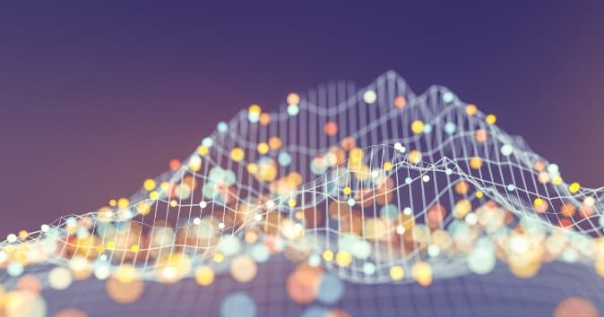 Data points float in a graphic wave.