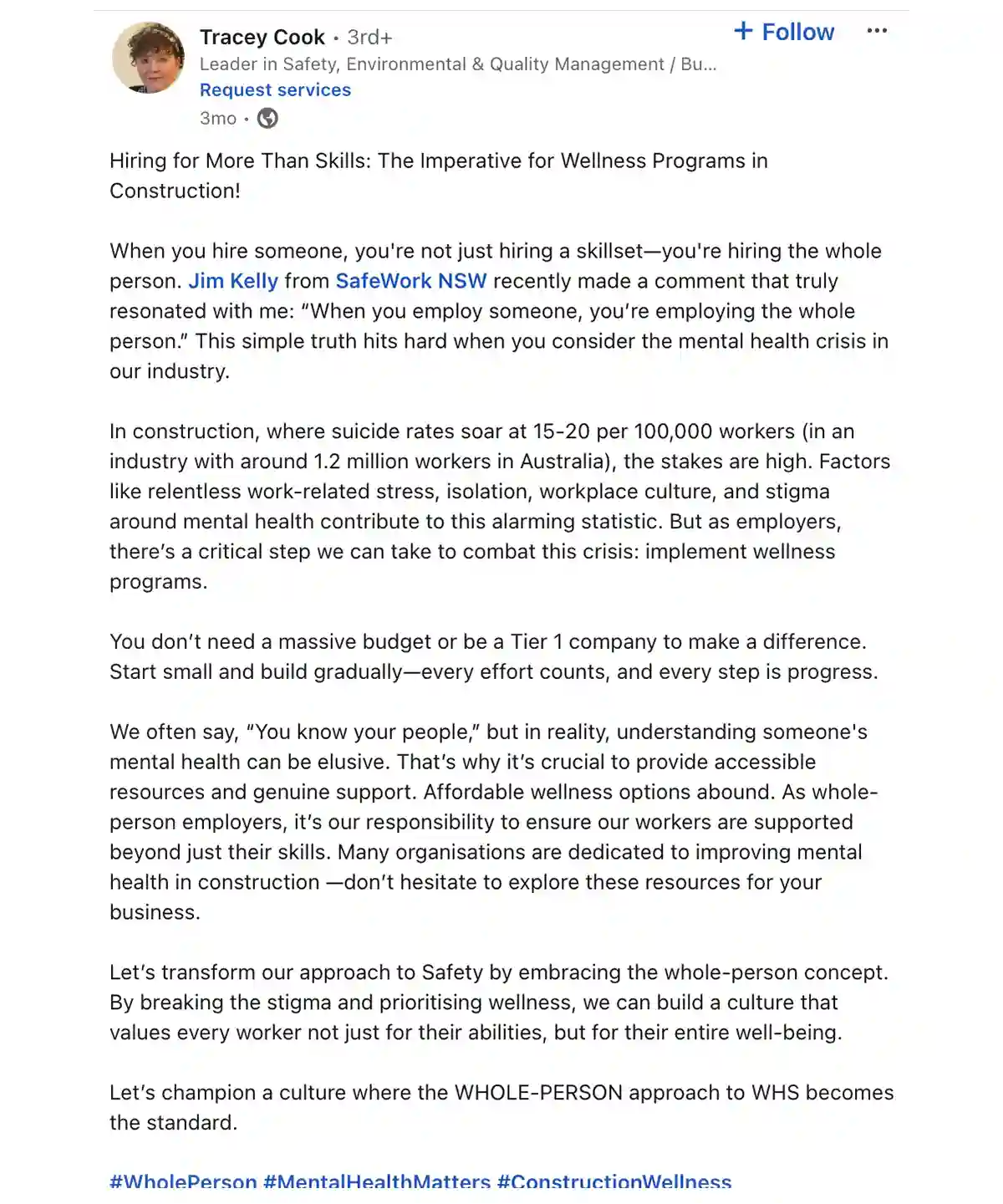 Tracey Cook addresses the importance of wellness programs in construction for whole-person support.