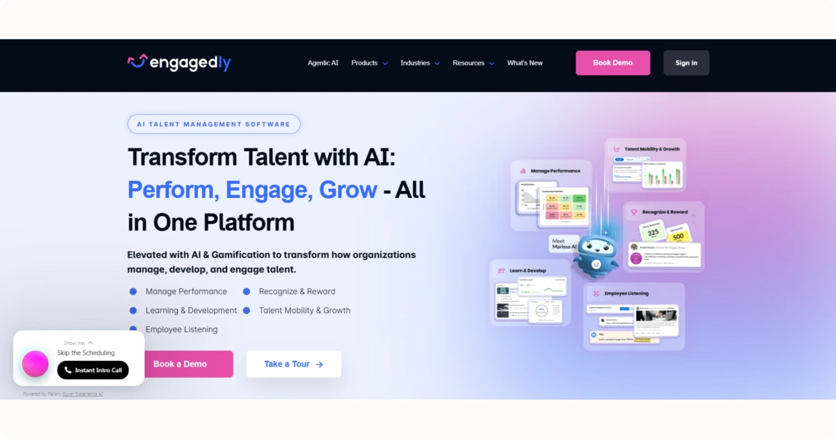 Engagedly homepage showcasing AI-driven performance management and employee engagement tools.