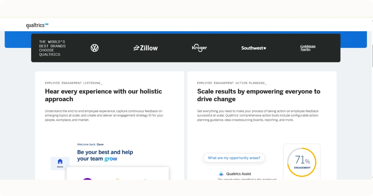 Qualtrics' homepage showcases employee engagement with top brands like Volkswagen and Zillow.