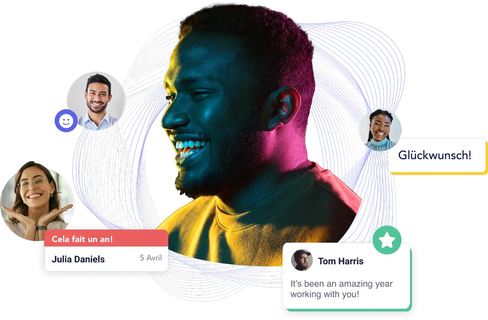 A smiling man is featured prominently against a colorful backdrop. Surrounding him are recognition messages in various languages, including "Glückwunsch!" (German), "Cela fait un an!" (French), and "It's been an amazing year working with you!" (English) from individuals identified as Tom Harris and Julia Daniels. The design includes avatars of smiling individuals, emphasizing a sense of celebration and appreciation.