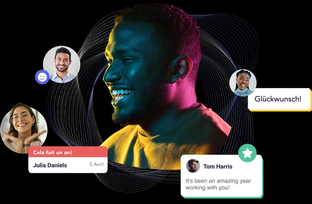 A smiling man is featured prominently against a colorful backdrop. Surrounding him are recognition messages in various languages, including "Glückwunsch!" (German), "Cela fait un an!" (French), and "It's been an amazing year working with you!" (English) from individuals identified as Tom Harris and Julia Daniels. The design includes avatars of smiling individuals, emphasizing a sense of celebration and appreciation.