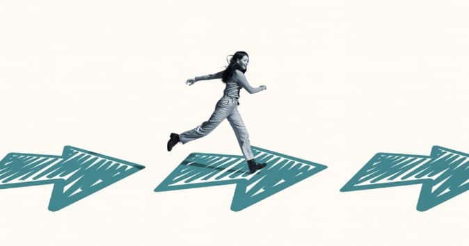 Woman running over drawn arrows representing employee engagement action plan