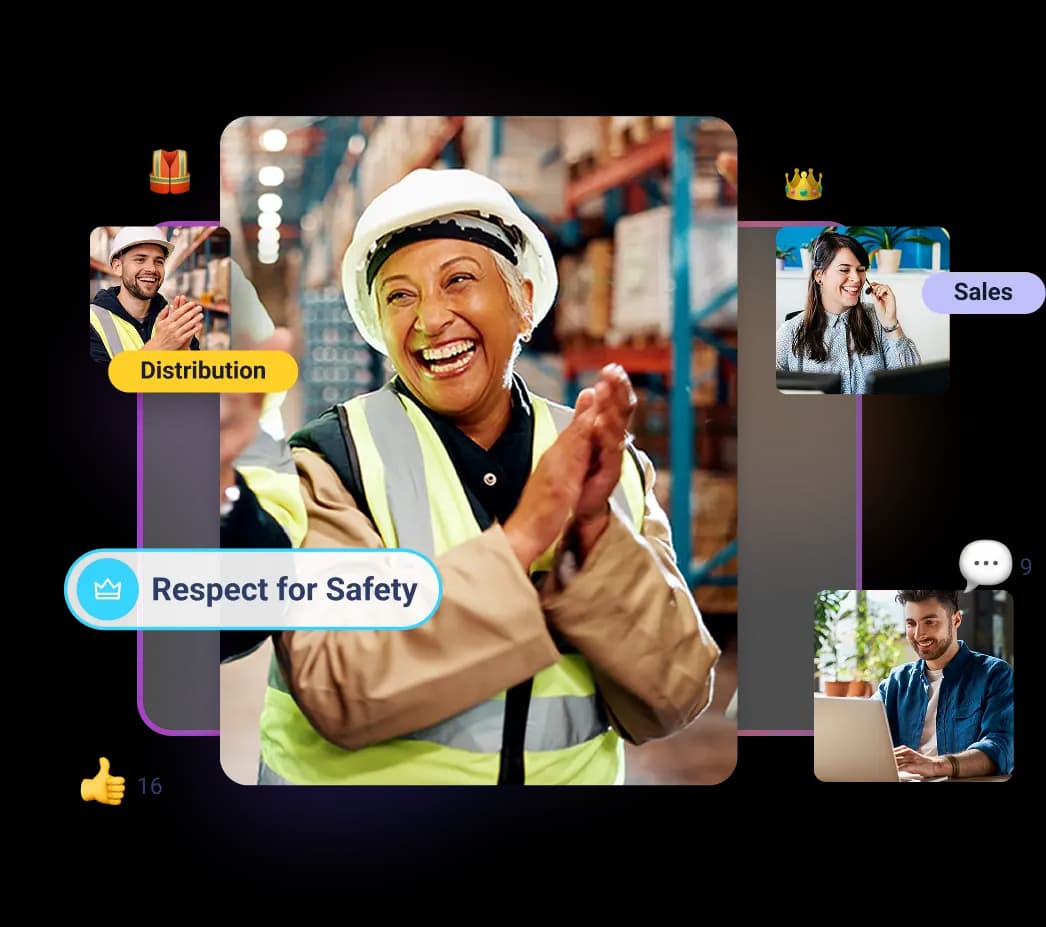 A smiling woman wearing a hard hat and a safety vest is clapping her hands, celebrating a recognition labeled "Respect for Safety." The background shows a warehouse setting with shelves stocked with boxes. Surrounding her are images of other individuals in different work environments, indicating a sense of teamwork and collaboration. A notification badge with a thumbs-up suggests positive feedback or appreciation.