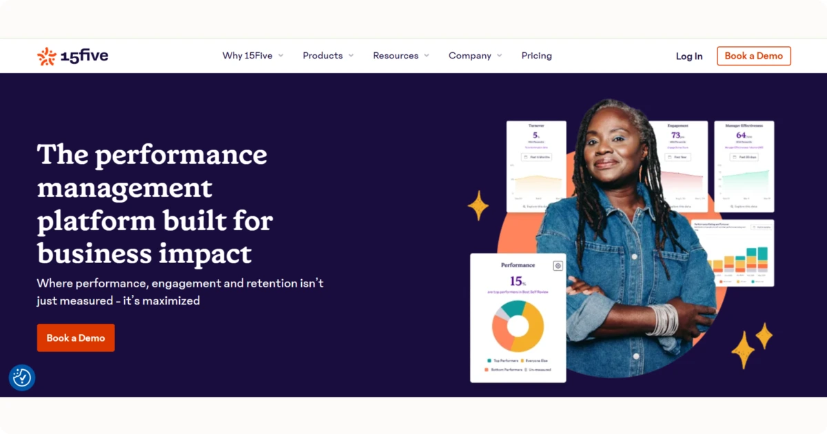 Screengrab of the 15Five homepage, which helps organizations achieve performance goals.
