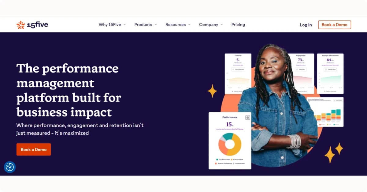 Screengrab of the 15Five homepage, which helps organizations achieve performance goals.