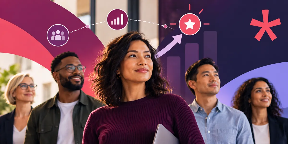 A group of four individuals stands together, with a woman in the foreground looking up thoughtfully. The background features colorful graphics including icons representing community, growth, and a star, alongside upward-trending bars. The setting appears bright and modern, suggesting a professional environment.