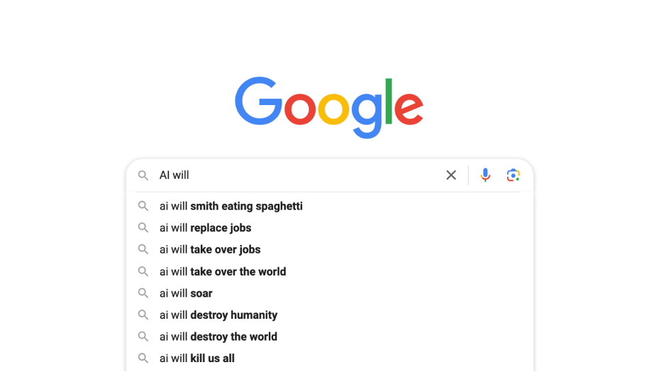 screenshot of Google auto complete suggestions for "AI will"