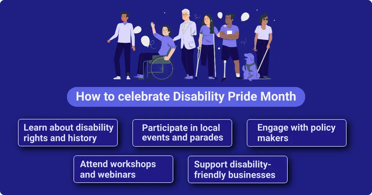 Infographic showing ways to celebrate Disability Pride Month