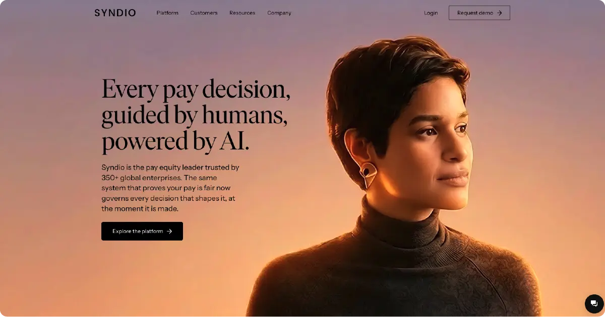 Syndio homepage highlighting human-guided, AI-powered pay equity decisions.