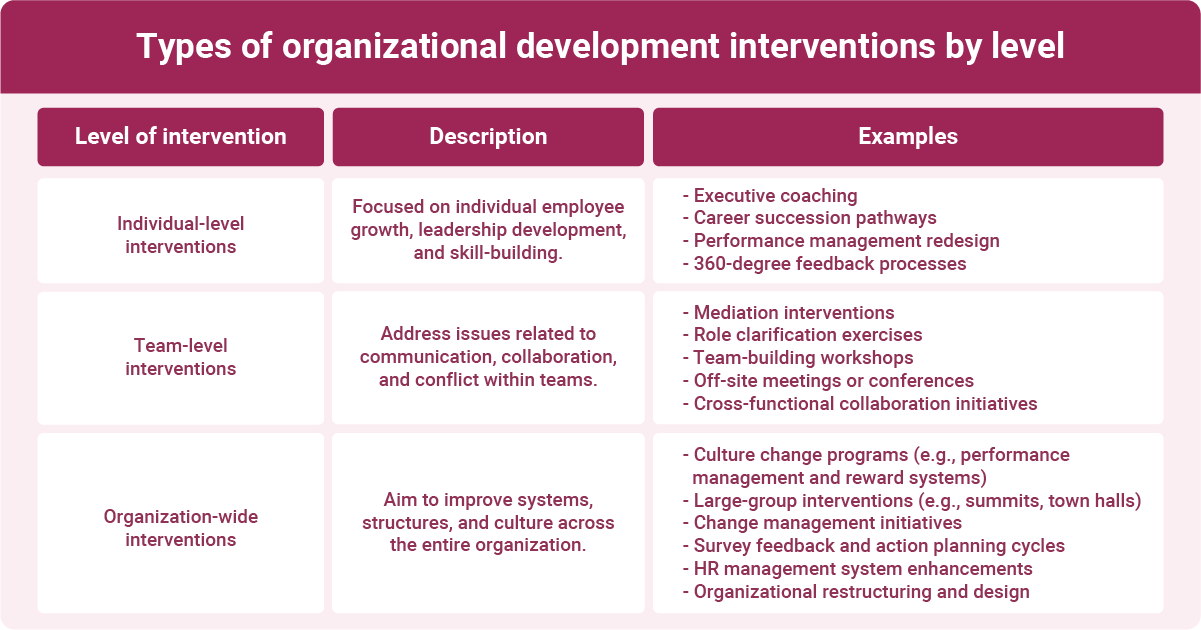Table displaying different types of organizational development interventions at individual, team, and organization-wide levels.