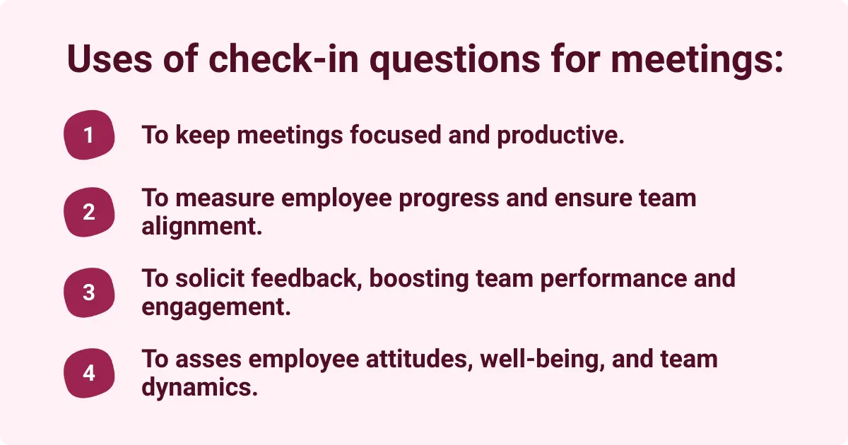 An infographic showing the use of check-in questions for meetings, including focus, progress, feedback, and attitude assessment.