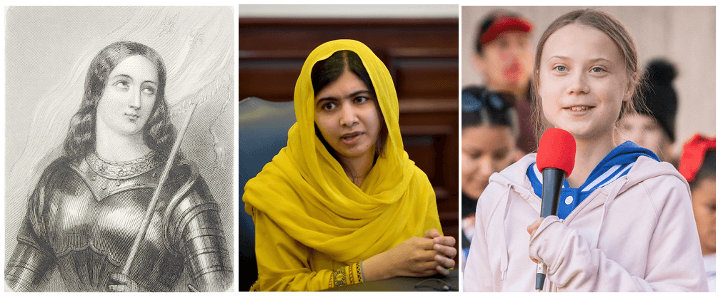 Three figures are depicted in a collage format. Joan of Arc, Malala and Greta Thunberg. On the left, there is a historical engraving of a woman in armor, holding a sword, symbolizing strength and leadership. In the center, a young woman in a bright yellow hijab is seated, speaking intently, conveying a message of advocacy and empowerment. On the right, a young girl with light brown hair, wearing a pink hoodie and blue top, is smiling while holding a microphone, representing activism and engagement. Together, they depict themes of courage, youth leadership, and social change.