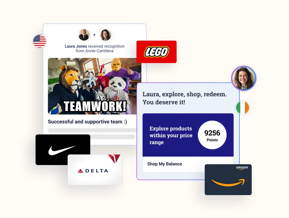 A recognition message for Laura J. from Annie C. is displayed, featuring an image of a team in colorful animal masks with the text "TEAMWORK!" The message describes the team as "Successful and supportive" and encourages Laura to explore products and redeem her points, showing options from brands like LEGO, Nike, Delta, and Amazon. The displayed points balance is 9256.