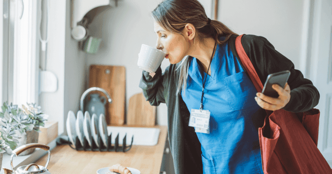 woman drinking coffee quickly