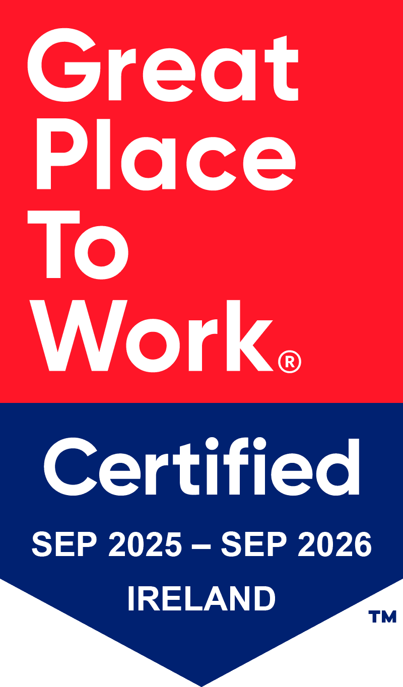 A blue and red logo featuring the text "Best Workplaces™" at the top, with "Great Place To Work." underneath, and "IRELAND 2026" at the bottom. The design is modern and simple, emphasizing workplace recognition.