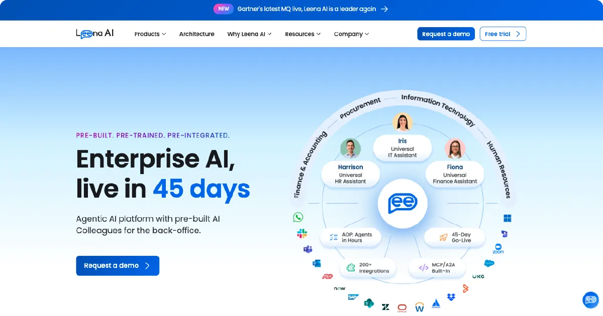 Leena AI homepage showcasing enterprise AI with pre-built AI colleagues for back-office automation